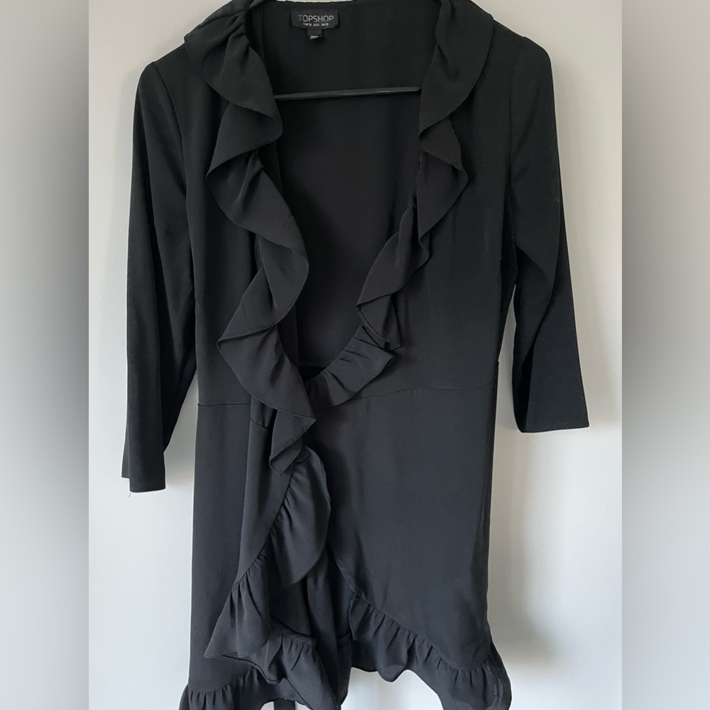 Topshop Black Wrap Front Ruffled Dress - Size 6